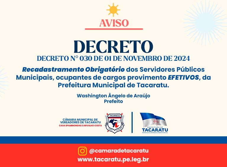 DECRETO Nº 030 DE 01 DE NOVEMBRO RECADRASTAMENTO OBRIGATÓRIO DOS FUNCIONÁRIOS EFETIVOS MUNICIPAIS